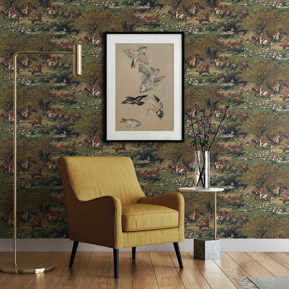 
                  
                    HG13002 hunt scene peel and stick wallpaper seating area from Harry & Grace
                  
                