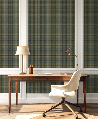Green plaid peel and stick wallpaper office HG13104 Harry & Grace