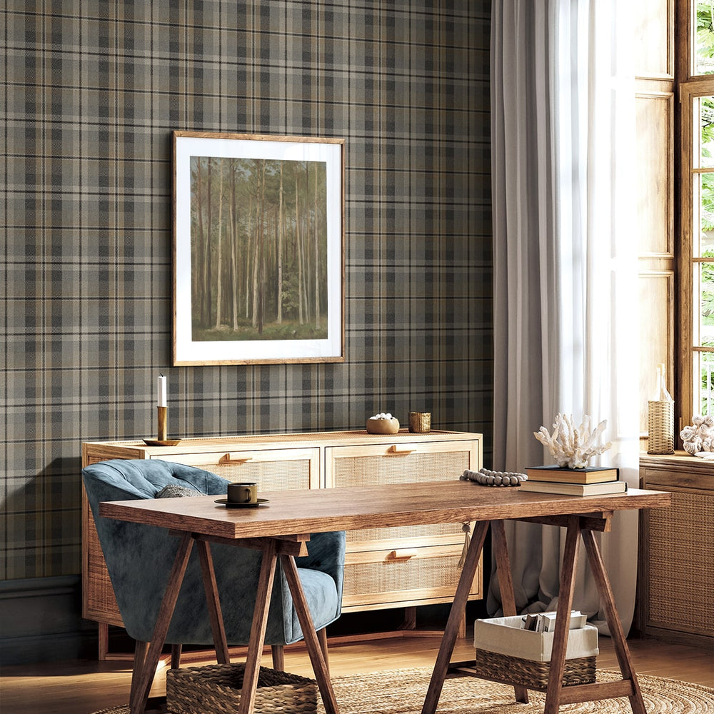 
                  
                    Neutral plaid peel and stick wallpaper reading nook HG13107 Harry & Grace
                  
                