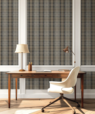 Neutral plaid peel and stick wallpaper desk HG13107 Harry & Grace