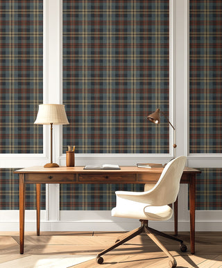 Americana plaid peel and stick wallpaper wood desk HG13111 Harry & Grace