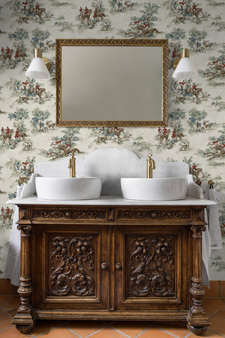 HG13802 horse race toile peel and stick wallpaper bathroom from Harry & Grace