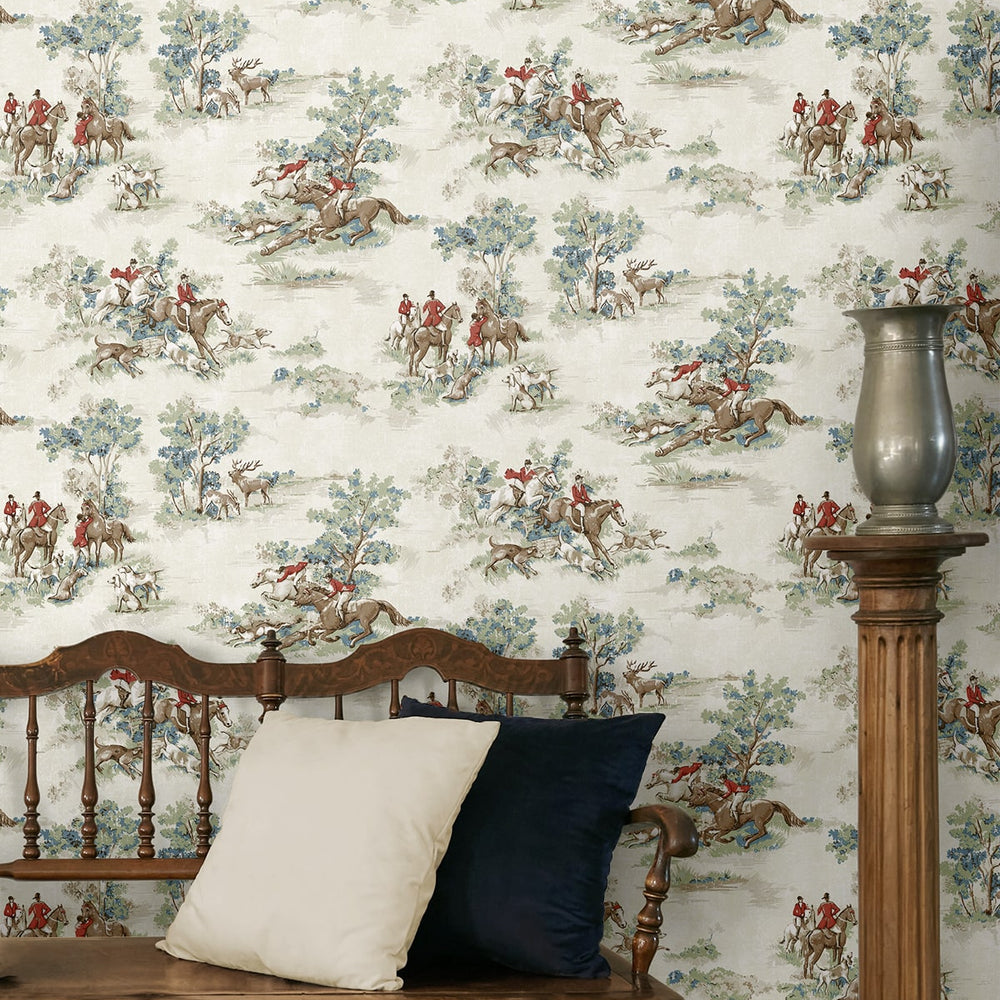HG13802 horse race toile peel and stick wallpaper entryway from Harry & Grace
