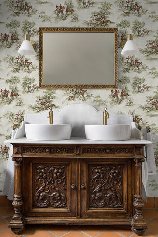 HG13804 horse race toile peel and stick wallpaper bathroom from Harry & Grace