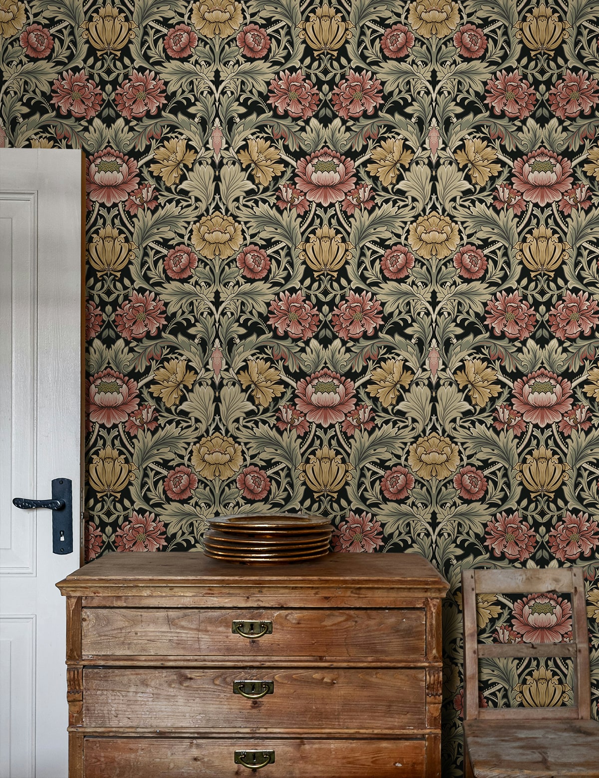 HG14000 acanthus floral vintage peel and stick wallpaper entryway from Harry & Grace