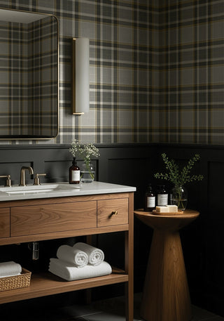 HG14408 Twill Plaid Premium Matte Non-Woven Peel and Stick Wallpaper Bathroom at Say Decor