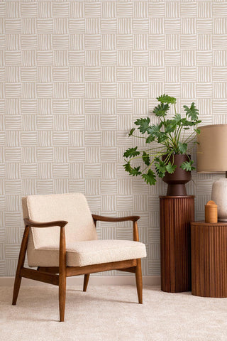 Mitchell Black Hatch Geometric Wallpaper in Shade Sand living room at Say Decor