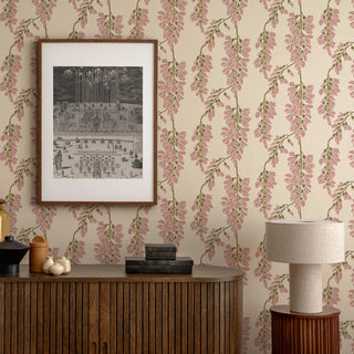 Mitchell Black Wisteria Floral Wallpaper in shade Cream & Mauve Entryway at Say Decor