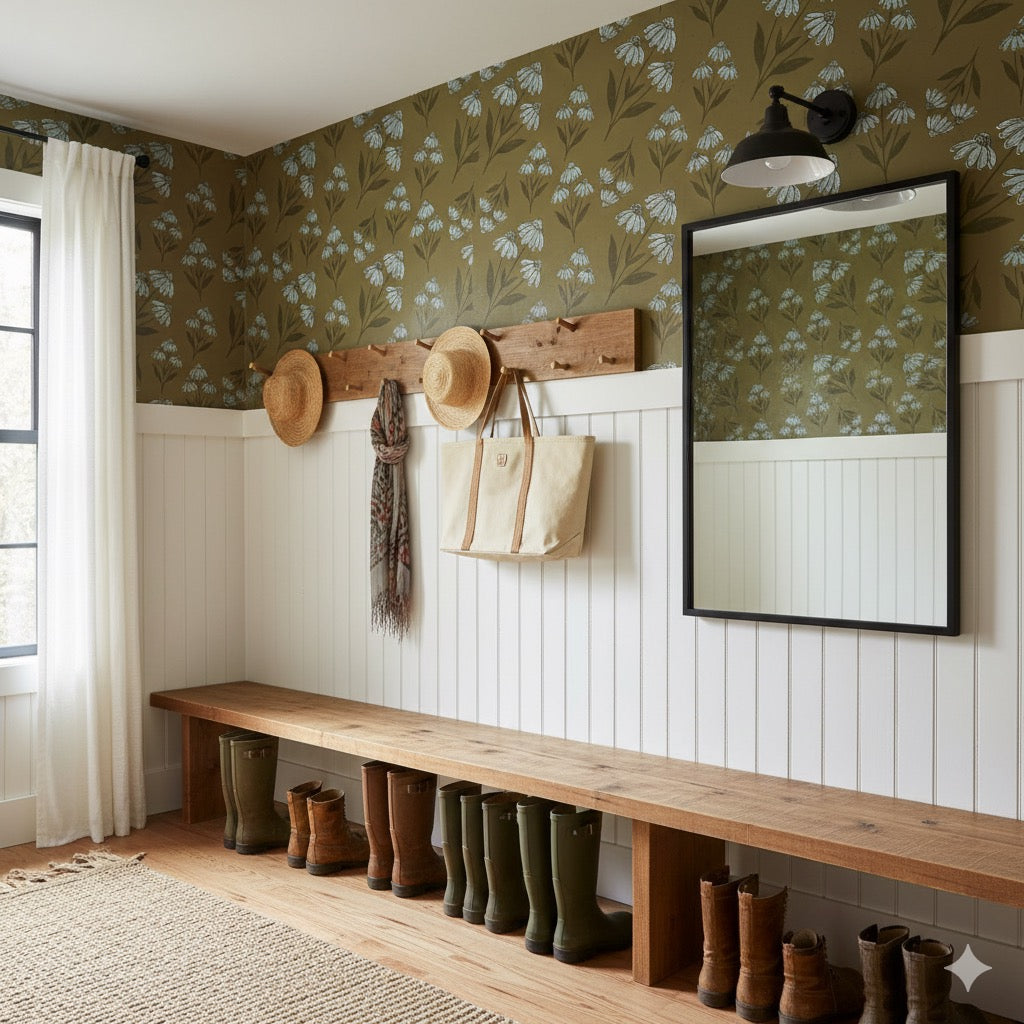 Ellery green Floral Peel and Stick Wallpaper entryway from Say Decor