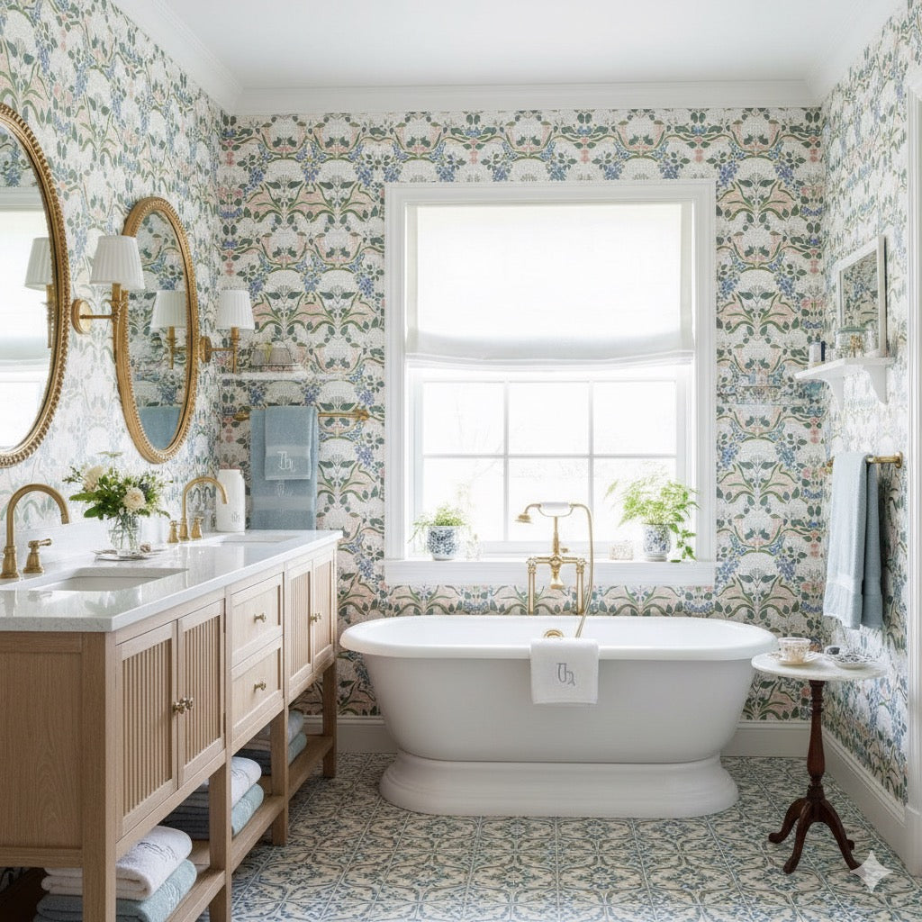 Neutral Catherine Floral Peel and Stick Wallpaper Bathroom from Say Decor