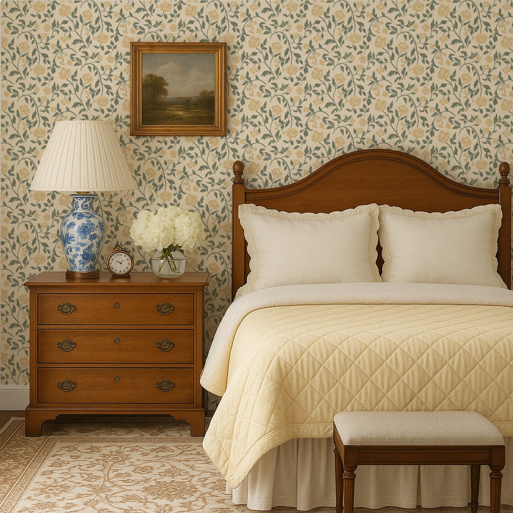 yellow floral peel and stick wallpaper bedroom from Loomwell Home Goods