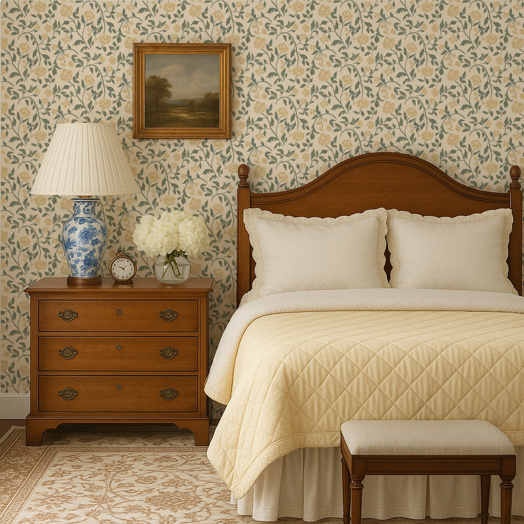 yellow floral peel and stick wallpaper bedroom from Loomwell Home Goods