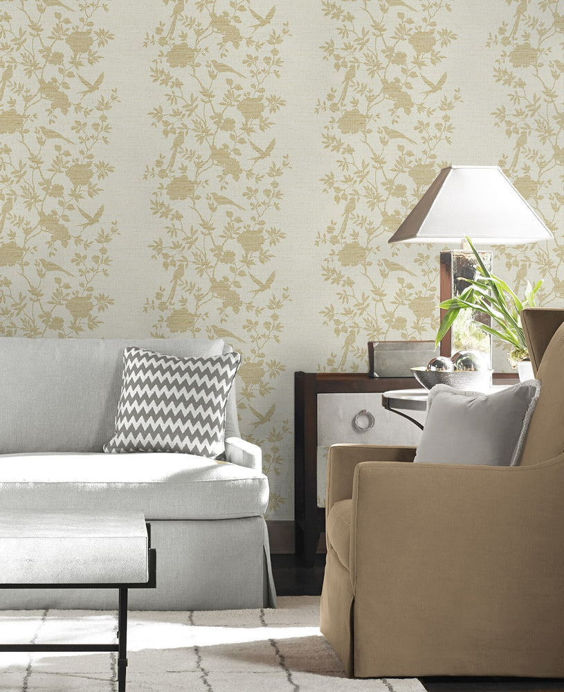 LN41003 chinoiserie bird vinyl wallpaper living room from the Coastal Haven collection by Lillian August