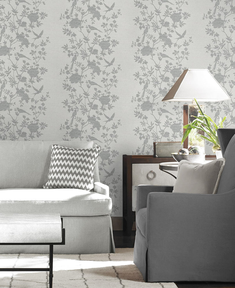 LN41008 chinoiserie bird vinyl wallpaper living room from the Coastal Haven collection by Lillian August