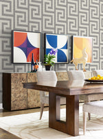 LN41200 geometric textured vinyl wallpaper dining room from the Coastal Haven collection by Lillian August