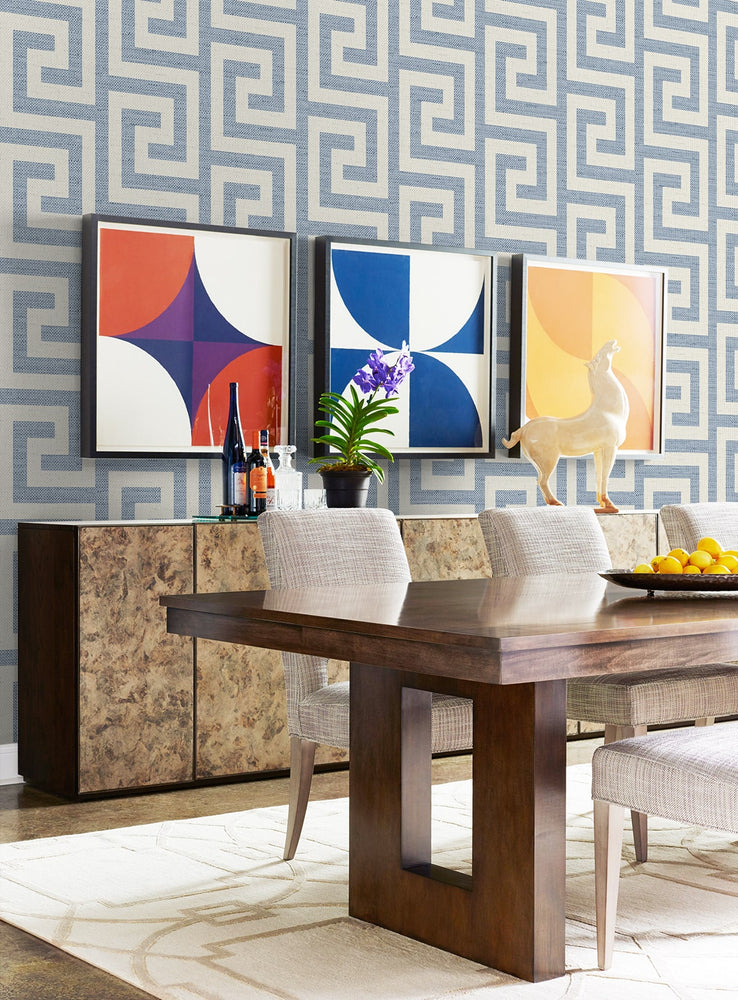 LN41212 geometric textured vinyl wallpaper dining room from the Coastal Haven collection by Lillian August
