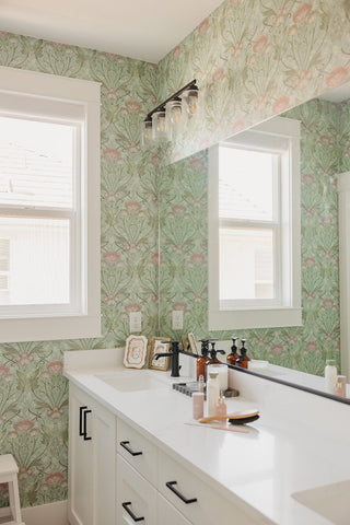 Green Bloomery Morris Flower Peel and Stick Wallpaper Bathroom from Say Decor