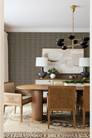 Mitchell Black Mrs. Paranjape Dashed Abstract Wallpaper dining room in shade Mocha at Say Decor