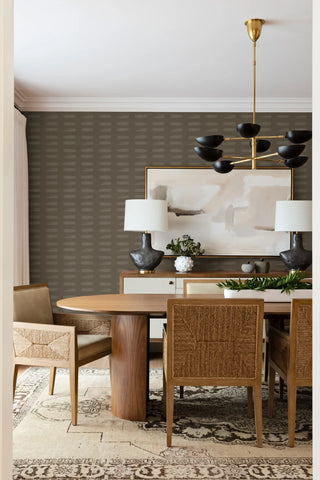 Mitchell Black Mrs. Paranjape Dashed Abstract Wallpaper dining room in shade Mocha Reverse at Say Decor