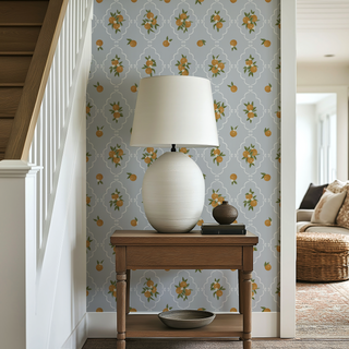 blue fruit peel and stick wallpaper entryway from Loomwell Home Goods