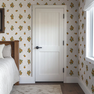 white fruit peel and stick wallpaper bedroom from Loomwell Home Goods