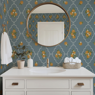 teal fruit peel and stick wallpaper bathroom from Loomwell Home Goods