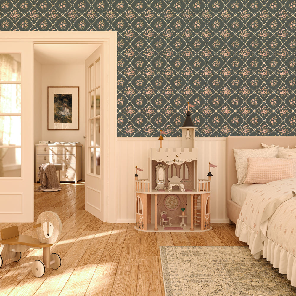 blue floral lattice peel and stick wallpaper bedroom from Loomwell Home Goods