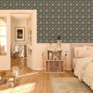 blue floral lattice peel and stick wallpaper bedroom from Loomwell Home Goods