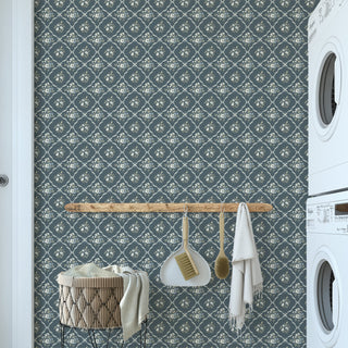 blue floral lattice peel and stick wallpaper laundry room from Loomwell Home Goods