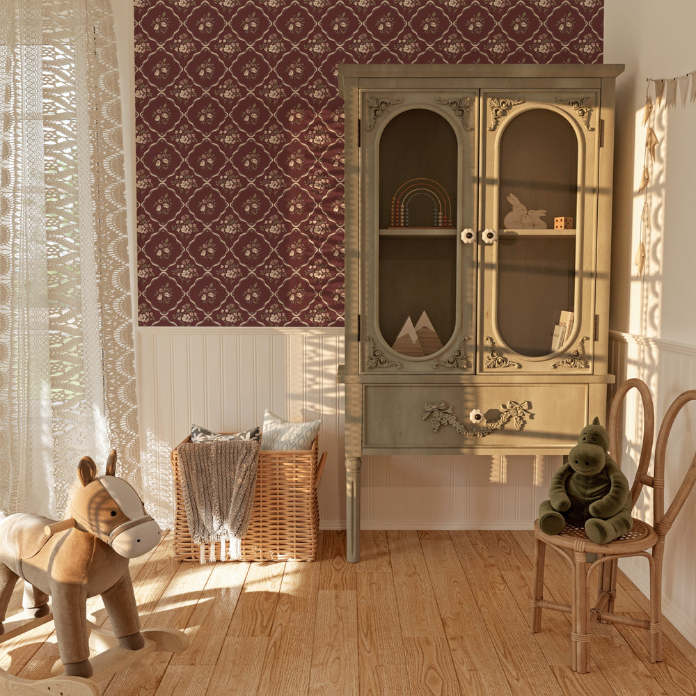 
                  
                    red floral lattice peel and stick wallpaper nursery from Loomwell Home Goods
                  
                