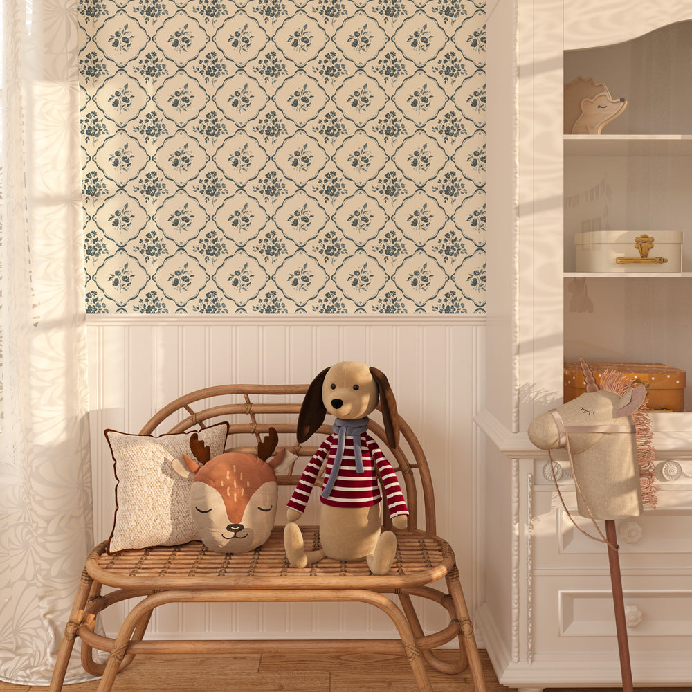 
                  
                    cream blue floral lattice peel and stick wallpaper nursery from Loomwell Home Goods
                  
                