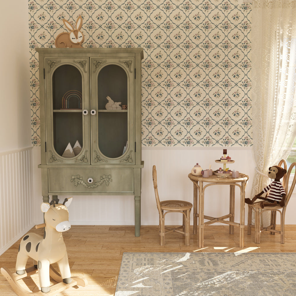
                  
                    cream floral lattice peel and stick wallpaper nursery from Loomwell Home Goods
                  
                
