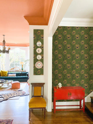 Mitchell Black Natalie Papier Flourish Floral Wallpaper entryway in shade Olive Canary at Say Decor
