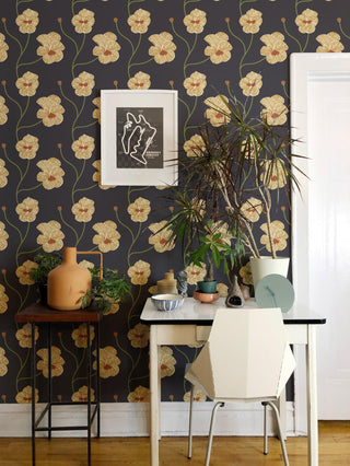 Mitchell Black Natalie Papier Flourish Floral Wallpaper entryway in shade Saffron Night at Say Decor