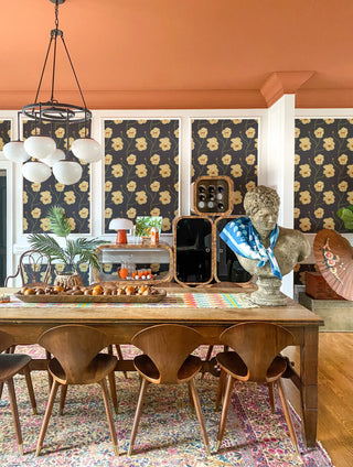 Mitchell Black Natalie Papier Flourish Floral Wallpaper dining room in shade Saffron Night at Say Decor