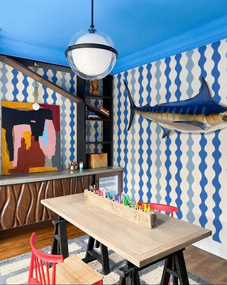 Mitchell Black Natalie Papier Low Frequency Abstract Wallpaper office in shade Blues at Say Decor