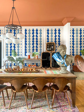 Mitchell Black Natalie Papier Low Frequency Abstract Wallpaper dining room in shade Blues at Say Decor