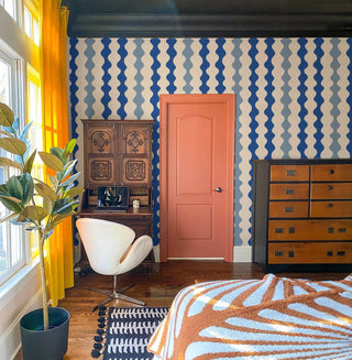 Mitchell Black Natalie Papier Low Frequency Abstract Wallpaper living room in shade Blues at Say Decor