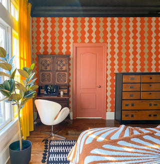 Mitchell Black Natalie Papier Low Frequency Abstract Wallpaper living room in shade Tangerine at Say Decor