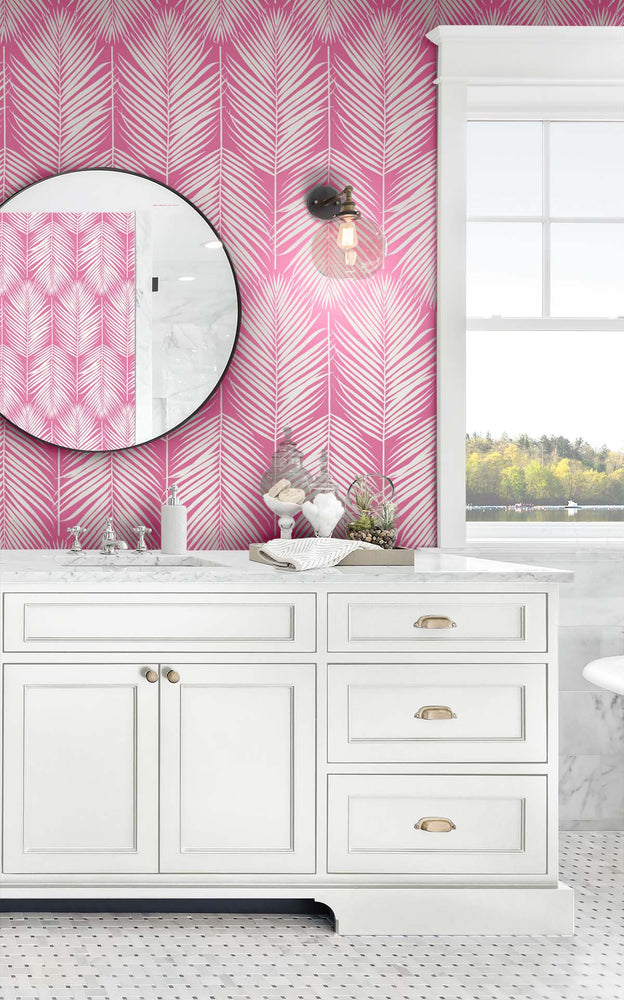 NW39801 palm leaf peel and stick wallpaper bathroom from NextWall