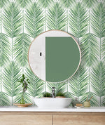 NW47404 palm leaf peel and stick wallpaper bathroom from NextWall
