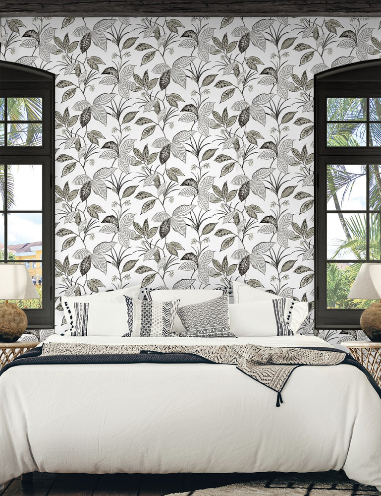 NW48300 boho leaf peel and stick wallpaper bedroom from NextWall