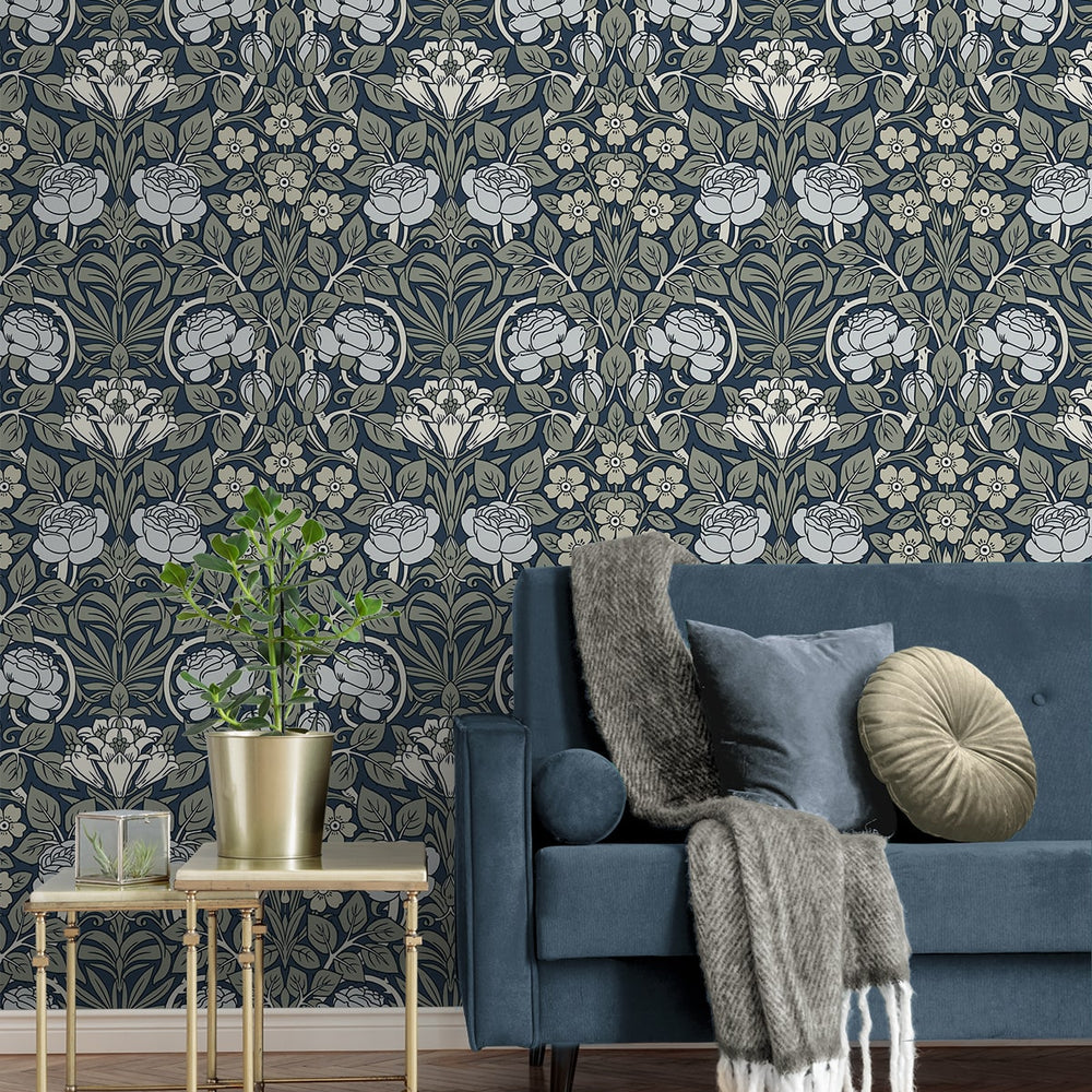 NW49002 vintage floral peel and stick wallpaper living room from NextWall