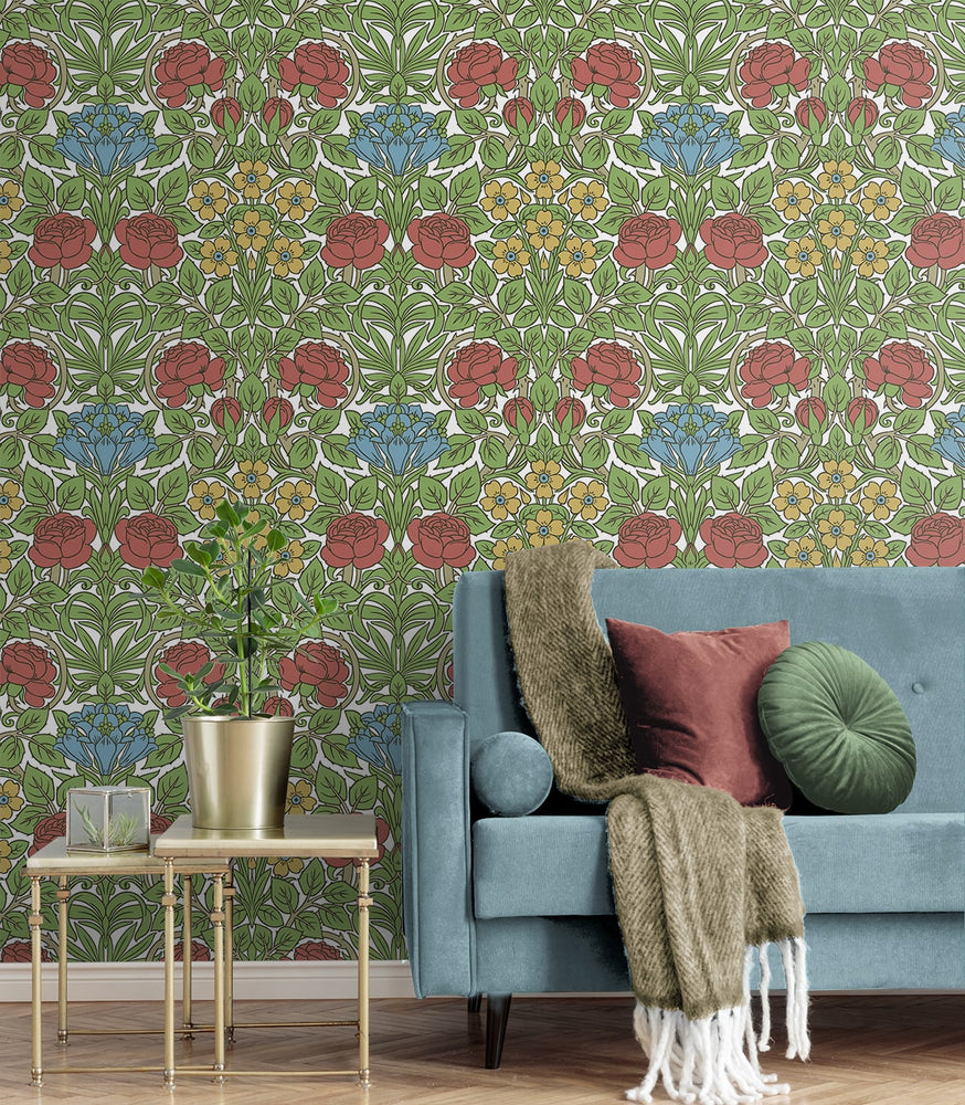 NW49004 vintage floral peel and stick wallpaper living room from NextWall