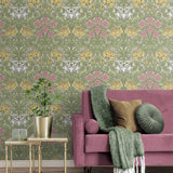 NW49007 vintage floral peel and stick wallpaper living room from NextWall
