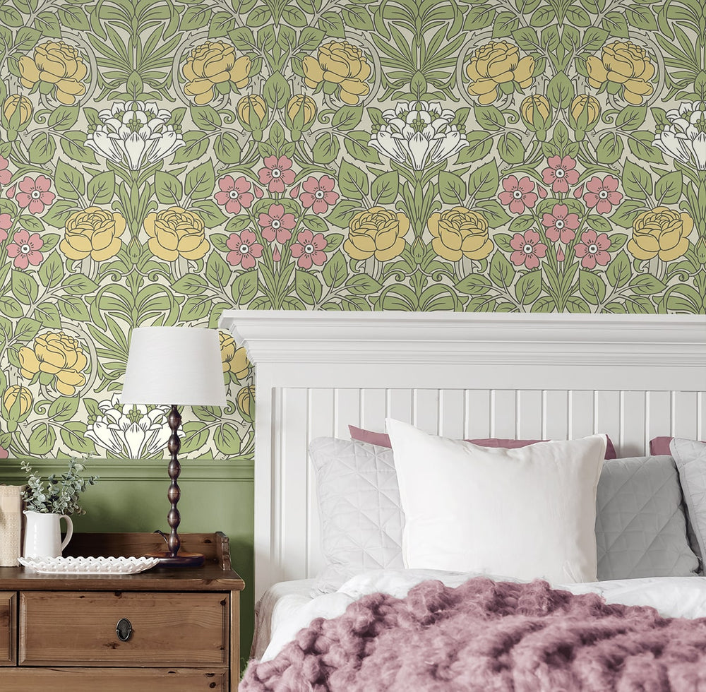 NW49007 vintage floral peel and stick wallpaper bedroom from NextWall