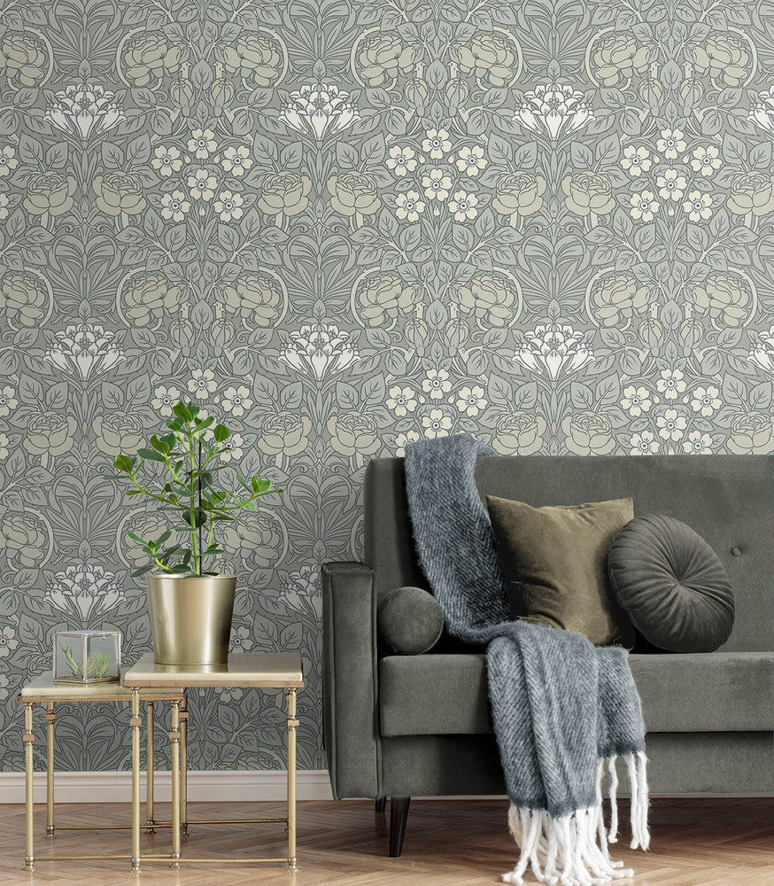 NW49008 vintage floral peel and stick wallpaper living room from NextWall