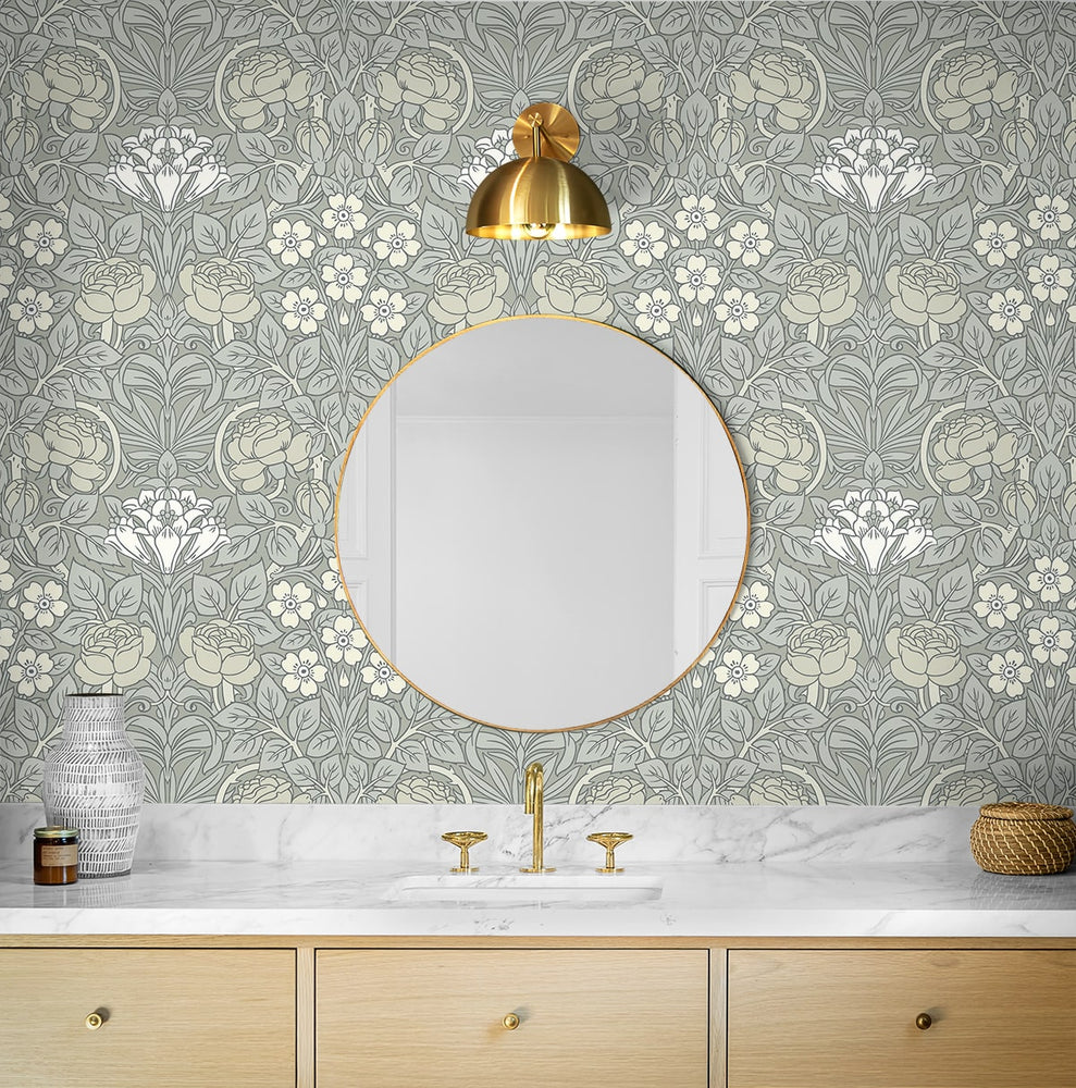 NW49008 vintage floral peel and stick wallpaper bathroom from NextWall