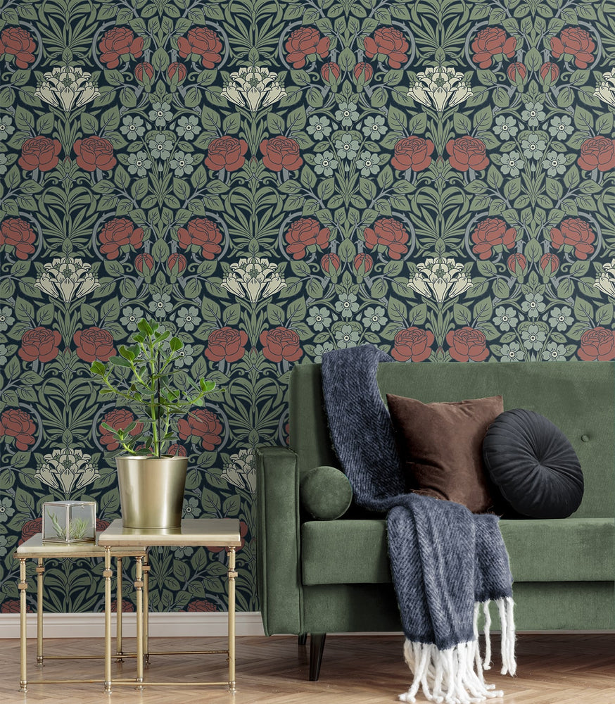 NW49012 vintage floral peel and stick wallpaper living room from NextWall