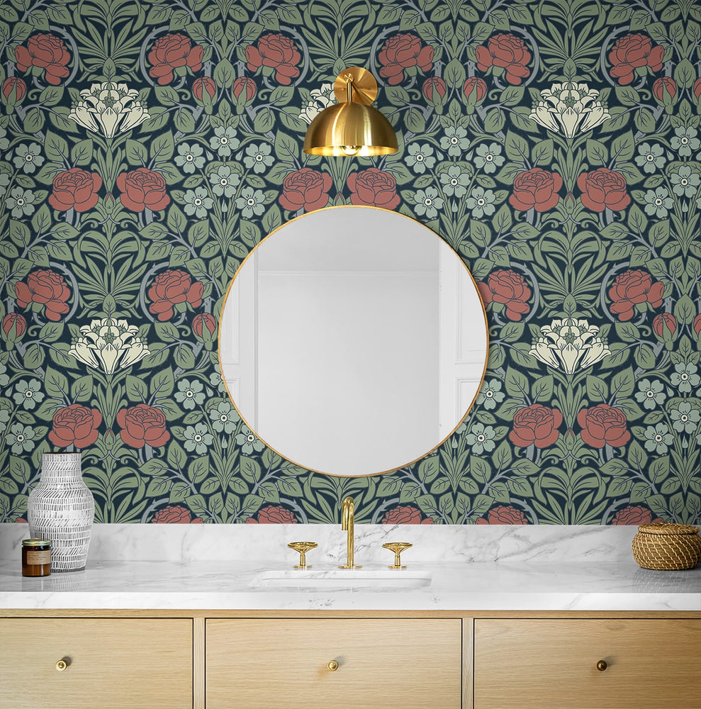 NW49012 vintage floral peel and stick wallpaper bathroom from NextWall